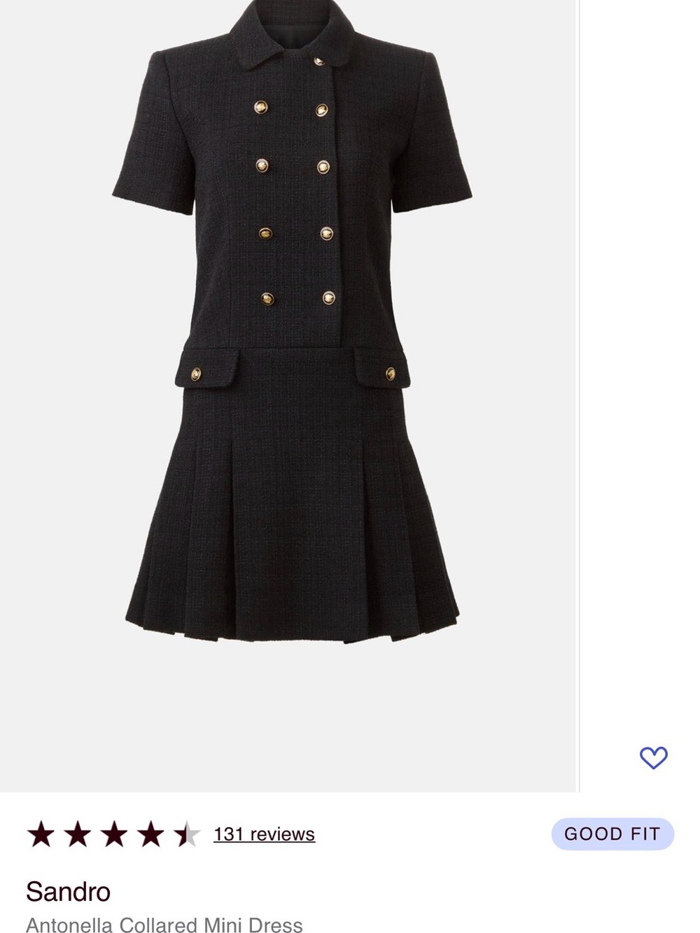 Sandro Black Textured Double-Breasted Mini Dress with Gold Buttons